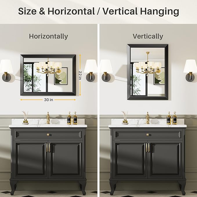 Briivue 22x30 Inch Black Bathroom Mirror for Wall, Thick Metal Framed Rectangle Mirrors for Over Sink, Bedroom, Living Room, Entryway, Anti-Rust, HD Tempered Glass