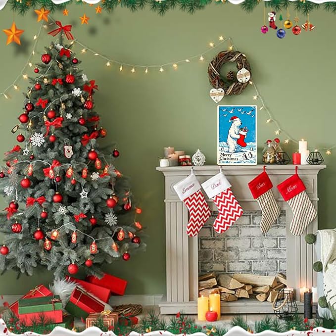 Christmas Metal Tin Sign 8x12 Inch - Merry Christmas Arctic Bear & Penguin Holiday Decor For Indoor Outdoor Use, Festive Wall Decoration For Home, Office, Xmas Tree Ornament Gift