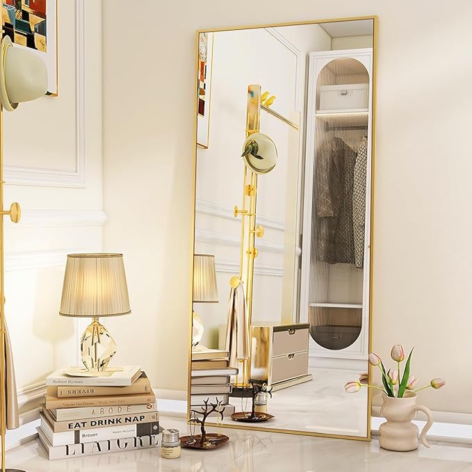 VooBang Full Length Mirror, 71" x 26" Floor Mirror with Stand, Aluminum Alloy Frame Full Body Mirror, Standing Hanging or Leaning Against The Wall for Bedroom Living Room, Gold