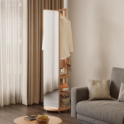 WoodsWhisper Full Length Mirror Coat Rack Solid Wood Floor Mirror 66"x12" Full Length Mirror with Stand Long Mirrors for Bedroom,Living Room (Natural-Mobile, 66" Lx12 W)