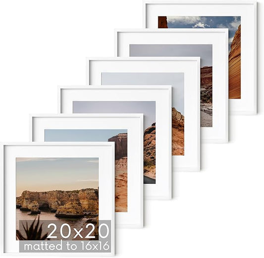 HAUS AND HUES 20x20 White Aluminum Frame Set of 6 - Matted to 16x16, Hanging Hardware, Shatterproof Plexiglass (20x20 in, White)
