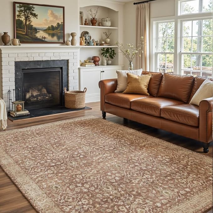 5x7 Area Rugs Reddish Brown Washable Rug for Living Room, Dining Room, Bedroom, Large Carpets, Non Slip & Non-Shedding Low Pile Vintage Print Rug for Home Office Decor