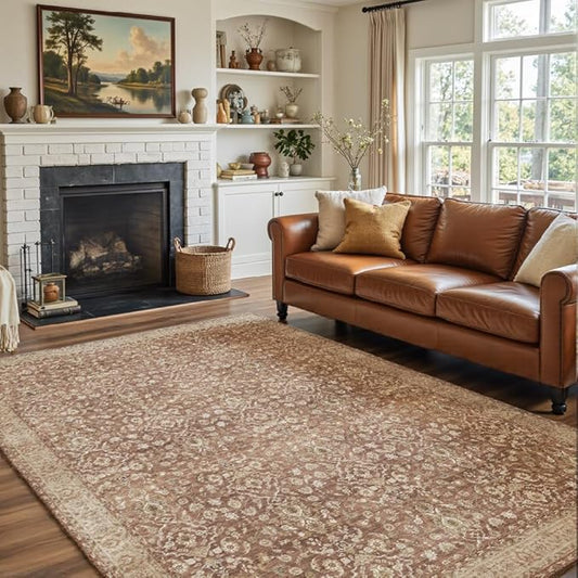 5x7 Area Rugs Reddish Brown Washable Rug for Living Room, Dining Room, Bedroom, Large Carpets, Non Slip & Non-Shedding Low Pile Vintage Print Rug for Home Office Decor