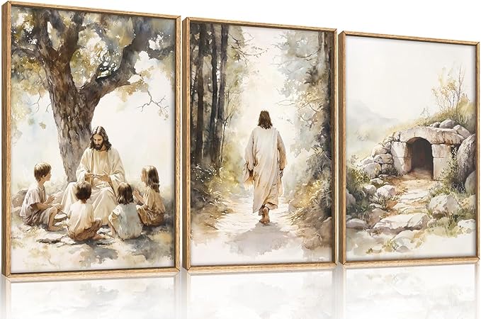 Large Jesus Teaching Children on Path Framed Canvas Wall Art,Empty Tomb Christian Wall Decor,Spiritual Religious Bible Artwork for Living Room,Bedroom,Dining Room,Office -24"x36"x3