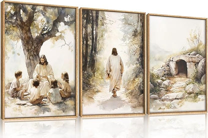 Large Jesus Teaching Children on Path Framed Canvas Wall Art,Empty Tomb Christian Wall Decor,Spiritual Religious Bible Artwork for Living Room,Bedroom,Dining Room,Office -24"x36"x3