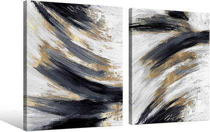 Chadow Artwork 2 pieces Black and Gold Abstract Wall Art 2 Pack Black and White Canvas Wall Decor Modern Framed Artwork for Living Room Bedroom Office Décor Ready to Hang 12"x16"(30cmx40cm)