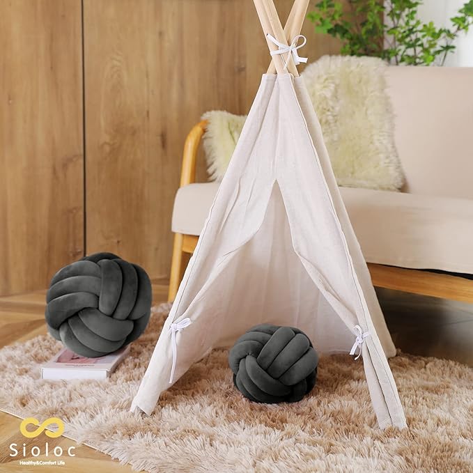 Sioloc Soft Knot Ball Pillows,Round Throw Pillow Cushion Home Decoration Plush Pillow,Throw Knotted Pillow Handmade Round Plush Pillow（13.7inches,Dark Grey）