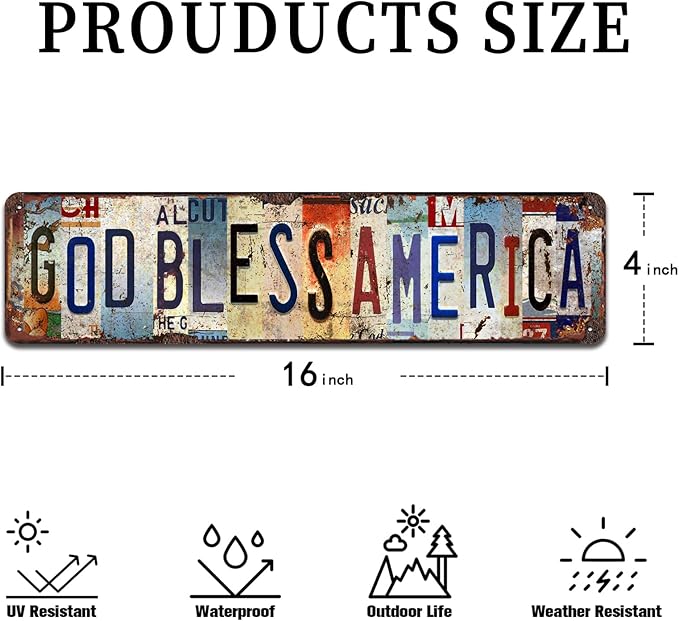 God Bless America Vintage Metal Tin Sign - Rustic Patriotic Wall Art for Home, Office, Farmhouse, Garage Décor - 4x16 Inch