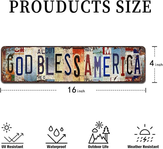 God Bless America Vintage Metal Tin Sign - Rustic Patriotic Wall Art for Home, Office, Farmhouse, Garage Décor - 4x16 Inch
