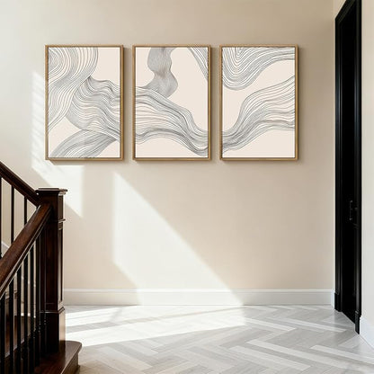 Beige Abstract Wall Art Framed Neutral Modern Canvas Wall Decor Minimalist Line Wave Painting16x24 Inch Pictures Set of 3 for Living Room Bedroom Dining Room