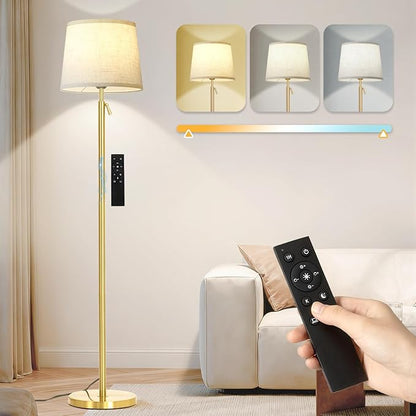 Modern Floor Lamp for Living Room and Bedroom- 55"-67" Height Adjustable Standing Lamps with Dimmable LED Bulb and Remote Control-Bright Tall Stand Light with Shade for Corner Lighting （Gold）