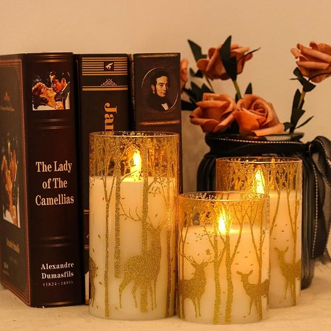 GenSwin Glass Flameless Candles Flickering with Deer Decor and Remote Timers, Battery Operated Moving Wick Led Light, Set of 3 Real Wax Pillar Candles for Christmas Home Decoration