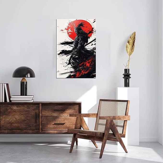 Japanese Samurai Wall Art Warrior Pictures Wall Decor Armored Samurai Painting Canvas Prints Bushido Poster Artwork Modern Home Decor Framed for Bedroom Living Room Office (12''W x 16''H)
