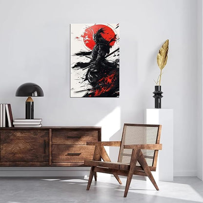 Japanese Samurai Wall Art Warrior Pictures Wall Decor Armored Samurai Painting Canvas Prints Bushido Poster Artwork Modern Home Decor Framed for Bedroom Living Room Office (12''W x 16''H)