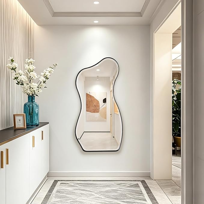 POZINO Irregular Beveled Mirror, 53"x25" Large Asymmetrical Aesthetic Wall Mirror with Metal Frame, Modern Premium Organic Shaped Mirrors for Living Room Bedroom Hallway Entryway, Leaning/Wall-Mount