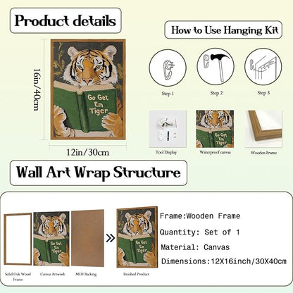 Framed Funny Tiger Wall Art, Motivational Animal Reading Wall Decor Paintings, Eclectic Go Get Em Tiger Canvas Prints Pictures Home Decor for Living Room Bedroom Dorm Office 12x16 inch