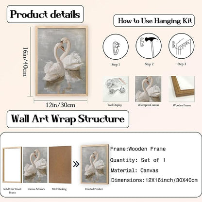 Vintage Framed Swan Canvas Wall Art Country Farmhouse Retro Romantic Elegant Animal Painting Picture Bathroom Wall Decor Watercolor Classical Artwork for living Room Bedroom 12x16 Inch