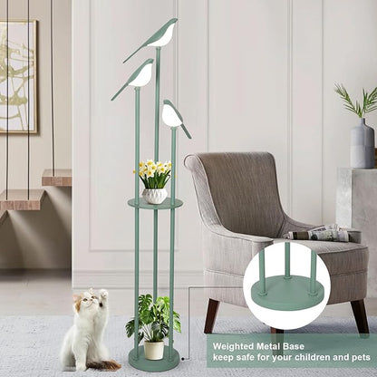 Bird Floor Lamp for Bedroom, Green Standing Lamps for Living Room, Corner Tall Lamp with Table, 3-Lights Vintage Floor Lamp, Modern Stand Up Lamp for Office, Girls Room, Unique Bird Lamps