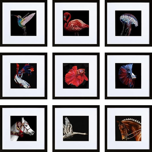HEART ART 10x10 Picture Frame Set of 9,Display Pictures 6x6 with Mat or 10 x 10 without Mat,Multi Collage Gallery Square Photo Frames for Wall,Black