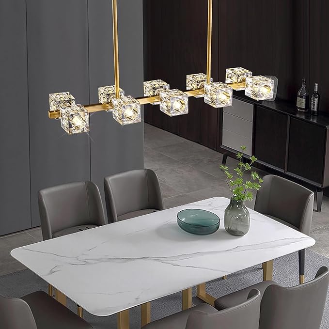 Modern Crystal Chandelier for Dining Room,Gold Pendant Lights Fixture with 10-Lights,Adjustable Height Hanging Ceiling Light for Kitchen Island,Bedroom,Over Table,Living Room