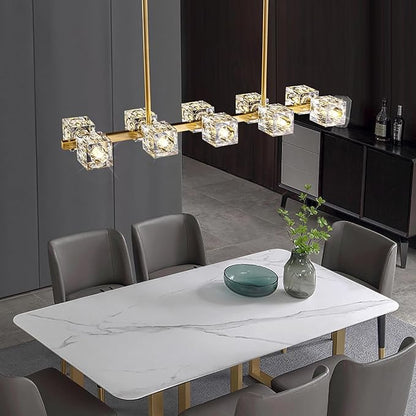 Modern Crystal Chandelier for Dining Room,Gold Pendant Lights Fixture with 10-Lights,Adjustable Height Hanging Ceiling Light for Kitchen Island,Bedroom,Over Table,Living Room