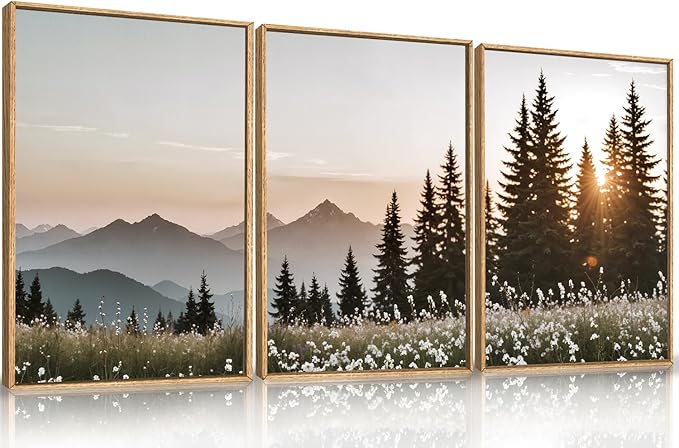 Large Mountain Sunlight Calming Framed Canvas Wall Art Set,Boho Nature Pine Tree Landscape Wall Decor,Modern Sunrise Forest Art Printing for Living Room,Bedroom-16 x24 x3