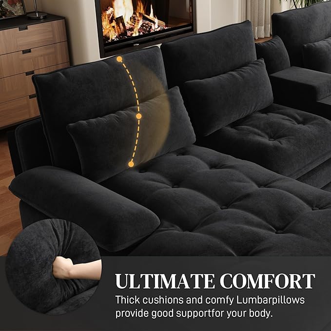 134"U Shaped Sectional Couches for Living Room,Oversized Modular Sectional Fluffy Couch with Chaise Lounge & Tufted Buttons,Modern Chenille 6 Seat Living Room Sofa Set with Storage Console,Black