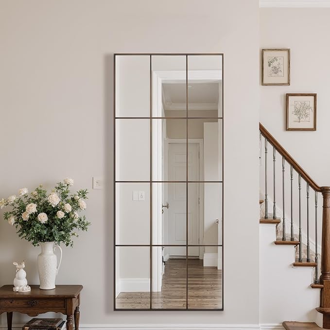 Anpark Windowpane Mirrors Full Length 65"x24" Wall Mounted Bronze Art Pane Mirror Farmhouse Decorative Floor Mirrors Leaning Hanging Wall Mirror for Bedroom Living Room Entrance