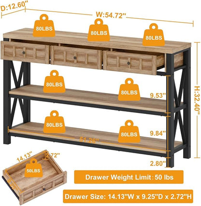 FATORRI Console Table for Entryway, Rustic Sofa Table with 3 Drawers for Living Room, Farmhouse Hallway Tables with Storage and Couch Tables Behind Sofa (54.72 Inch Long, Rustic Oak)