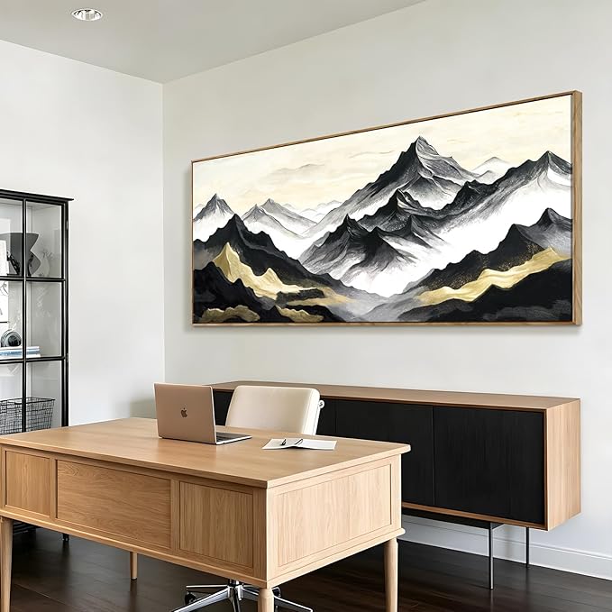 Extra Large Framed Natural Abstract Living Room Wall Art, Black White And Gold Mountain Canvas Wall Decor, Modern And Elegant Landscape Print Picture For Dining Rooms, Bedrooms, Lounges, Offices, And Hallways. 58X29 Inches.