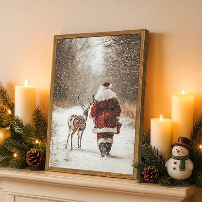Framed Vintage Christmas Canvas Wall Art, Santa Claus Reindeer Snowy Forest Wall Decor Paintings, Rustic Winter Holiday Aesthetic Pictures Prints Xmas Home Decor for Living Room Bedroom 12×16 inch