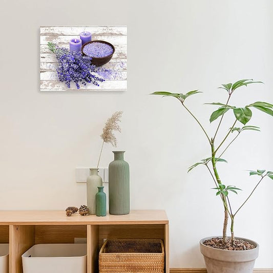 Bathroom Canvas Wall Art Purple Lavender Theme Modern Flowers Painting Pictures for Bedroom Wall Decor Vintage Framed Artwork for Office Kitchen Rustic Wall Decor for Wall Size 12x16, Purple and Gray