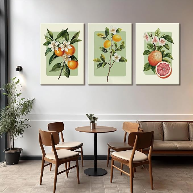 LHHJDIO 3 Piece Vintage Fruit Canvas Wall Art Trendy Kitchen Wall Art Boho Orange Lemon Grapefruit Pictures Wall Decor Citrus Botanical Art Prints for Dining Room Living Room 16"x24"