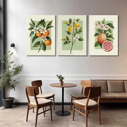 LHHJDIO 3 Piece Vintage Fruit Canvas Wall Art Trendy Kitchen Wall Art Boho Orange Lemon Grapefruit Pictures Wall Decor Citrus Botanical Art Prints for Dining Room Living Room 16"x24"