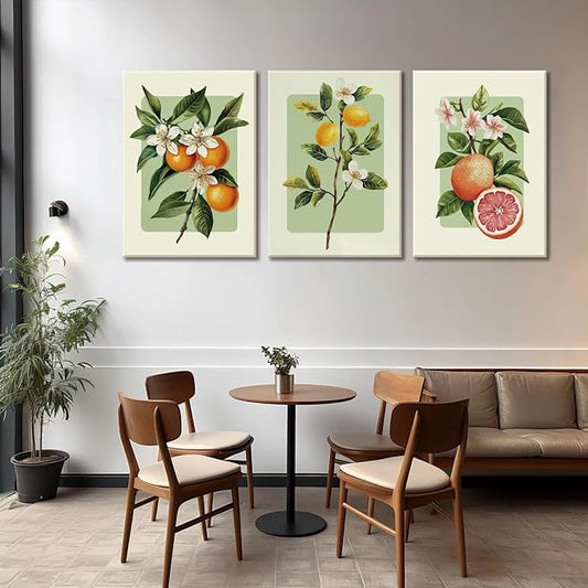 LHHJDIO 3 Piece Vintage Fruit Canvas Wall Art Trendy Kitchen Wall Art Boho Orange Lemon Grapefruit Pictures Wall Decor Citrus Botanical Art Prints for Dining Room Living Room 16"x24"