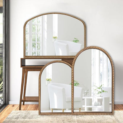 BAODANFU Traditional Arch Mirror for Bathroom, 20" x30" Baroque Antique Gold Marlowe Mirrors Beaded Frame, Decorative Accent Vertical Vanity, Wall Decor Over Mantel Fireplace, Sofa, Entryway