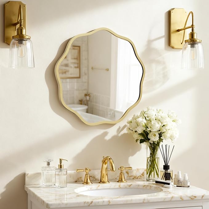 HOMECOOKIN 20" Wavy Round Wall Mirror, Gold Scalloped Circle Mirror Edge Round with Metal Frame, Modern Decorative Hanging/Leaning Mirrors for Bathroom, Hotels, Hallway, Entryway, Vanity, Office