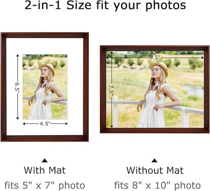 brisafe Wood Picture Frame 8x10 Matted to 5x7, Solid Wood Photo Frame with Tempered Glass, Wall Mouont and Tabletop, Horizontal & Vertical, Mothers Day Gifts, Walnut