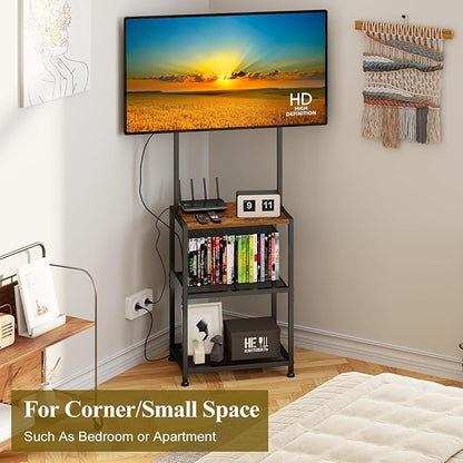 14 Inch to 42 Inch Small Corner TV Stand for Bedroom With 3 Tiers Storage Shelves, Floor Universal Television Stand With Mount For 40 Inch 32 Inch TV,Brown TV Table Shelf With Adjustable Feet, Sturdy