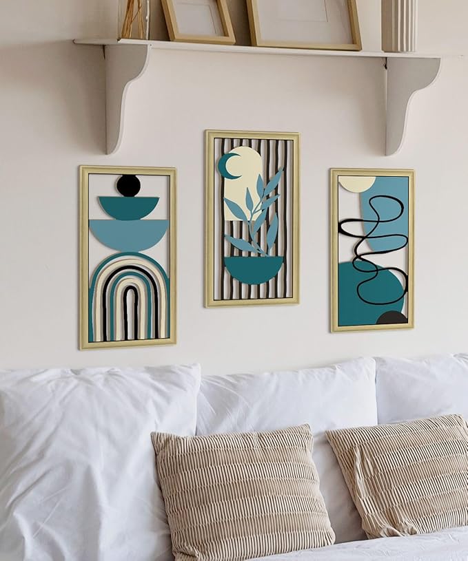 Putuo Decor Boho Wall Art Set of 3 Modern Minimalist Wooden Wall Decor Abstract Geometric Room Decorations Mid Century Artwork for Living Room Bedroom Office in Blue Tones 16.5 x 8.6 Inch