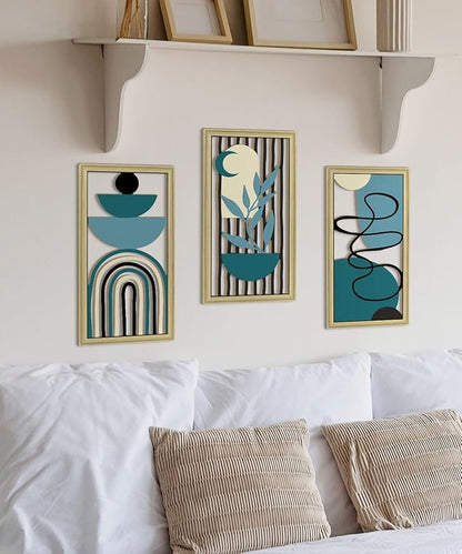 Putuo Decor Boho Wall Art Set of 3 Modern Minimalist Wooden Wall Decor Abstract Geometric Room Decorations Mid Century Artwork for Living Room Bedroom Office in Blue Tones 16.5 x 8.6 Inch