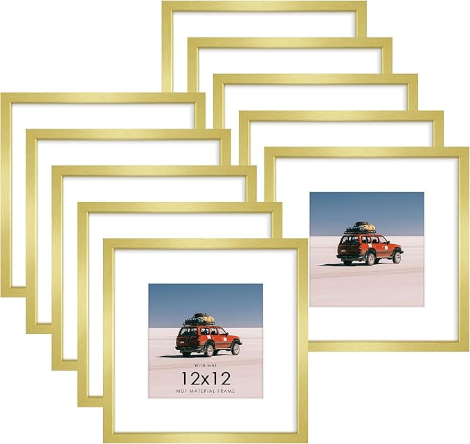12x12 Picture Frame Sef of 10, Display Pictures 8x8 with Mat or 12 x 12 Without Mat, Photo Frame Collage for Wall Gallery Decor, Wall Mounted, Gold