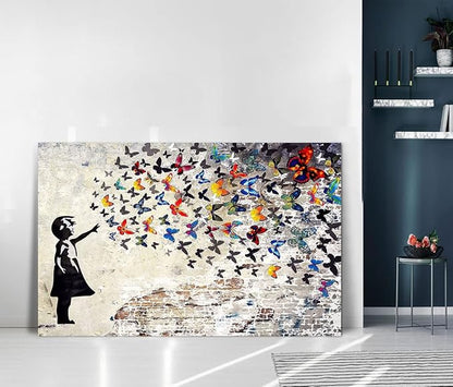 Colorful Graffiti Street Canvas Wall Art Funny Butterfly Banksy Street Art Mural Pop Art Modern Home Office Wall Decor Framed Canvas Wall Art Decor for Study Room Walls Easy to Hang - 28x44inch