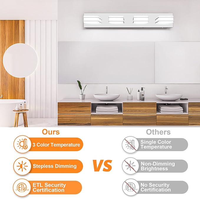 GOODATE 3 Color Temperature Dimmable Vanity Lights for Bathroom, LED Chrome 4 Light Vanity Light Fixtures, Acrylic Stainless Steel Square Shade Bathroom Light Fixtures Over Mirror, ETL Certificated