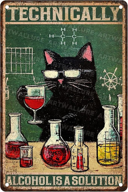 ARTWALLURE Funny Bar Sign “Technically Alcohol is a Solution” Black Cat Vintage Metal Tin Sign for Pub, Tavern, Man Cave & Home Bar Decor 8x12 Inch