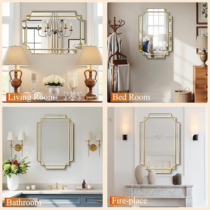 36 * 24 Beveled Gold Rectangular Mirror for Wall, Traditional Art Decorative Vanity Mirror for Bathroom Living Room Bedroom Kitchen Entrance