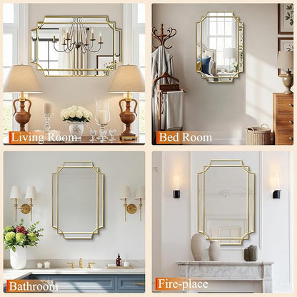 36 * 24 Beveled Gold Rectangular Mirror for Wall, Traditional Art Decorative Vanity Mirror for Bathroom Living Room Bedroom Kitchen Entrance