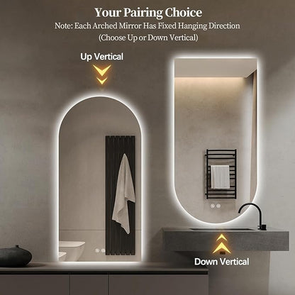 Arched LED Bathroom Mirror, 40"x24" Arch Framless Backlit Mirror with Lights Vanity Mirror for Makeup, Anti-Fog, Dimmable, 3-Color, Memory Function, IP65 Waterproof, UL Listed, Vertical-Inverted
