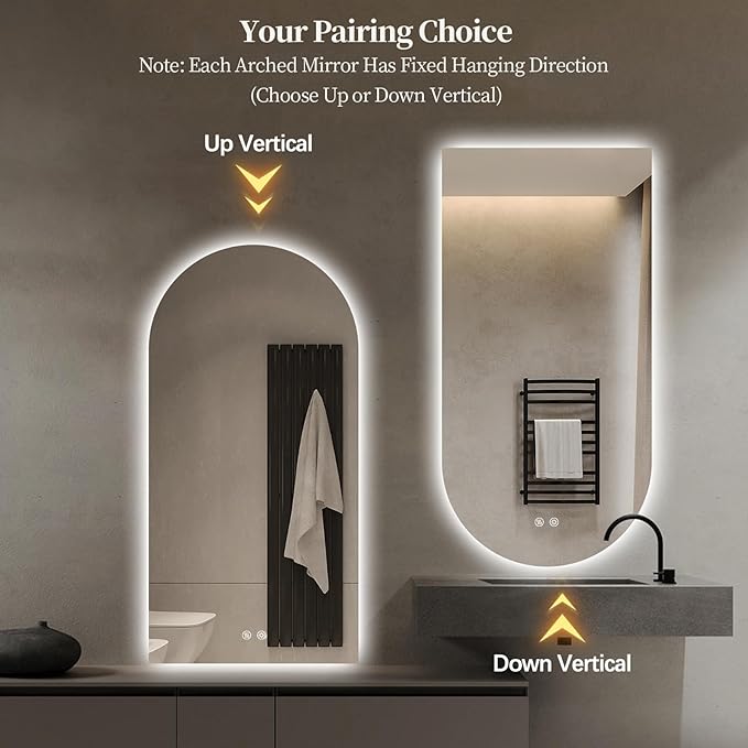 Arched LED Bathroom Mirror, 55"x28" Arch Framless Backlit Mirror with Lights Anti-Fog Dimmable Smart Frameless 3-Color Lighted Vanity Mirror Memory Waterproof, UL Listed, Vertical-Inverted