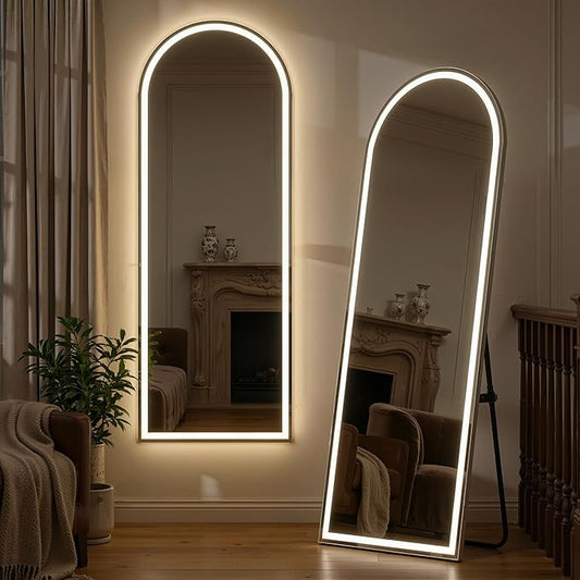 71" x 26" Arched Full Length Mirror with LED Lights, Floor Mirror with Stand, Wall Mirrors Full Length, Body Floor Mirrors, Wall Mounted for Bedroom, Dimmable, Tempered Glass